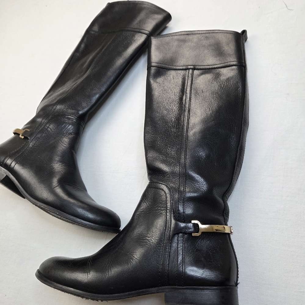 Tory Burch Black Leather Riding Boots 7.5M Gold Logo Hardware Equestrian Tall - Picture 2 of 15